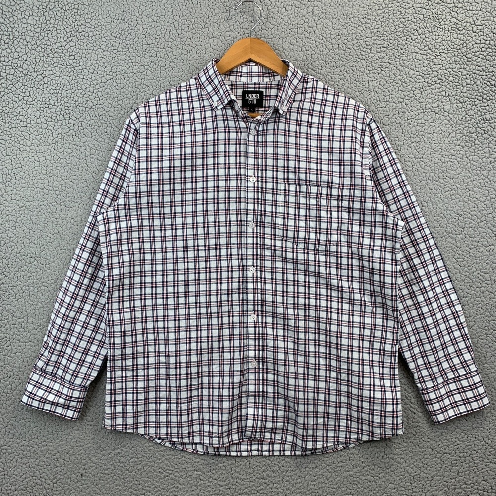 Under 5'10 Linen Blend Plaid Button Up Collar Shirt Long Sleeve Mens Size Large